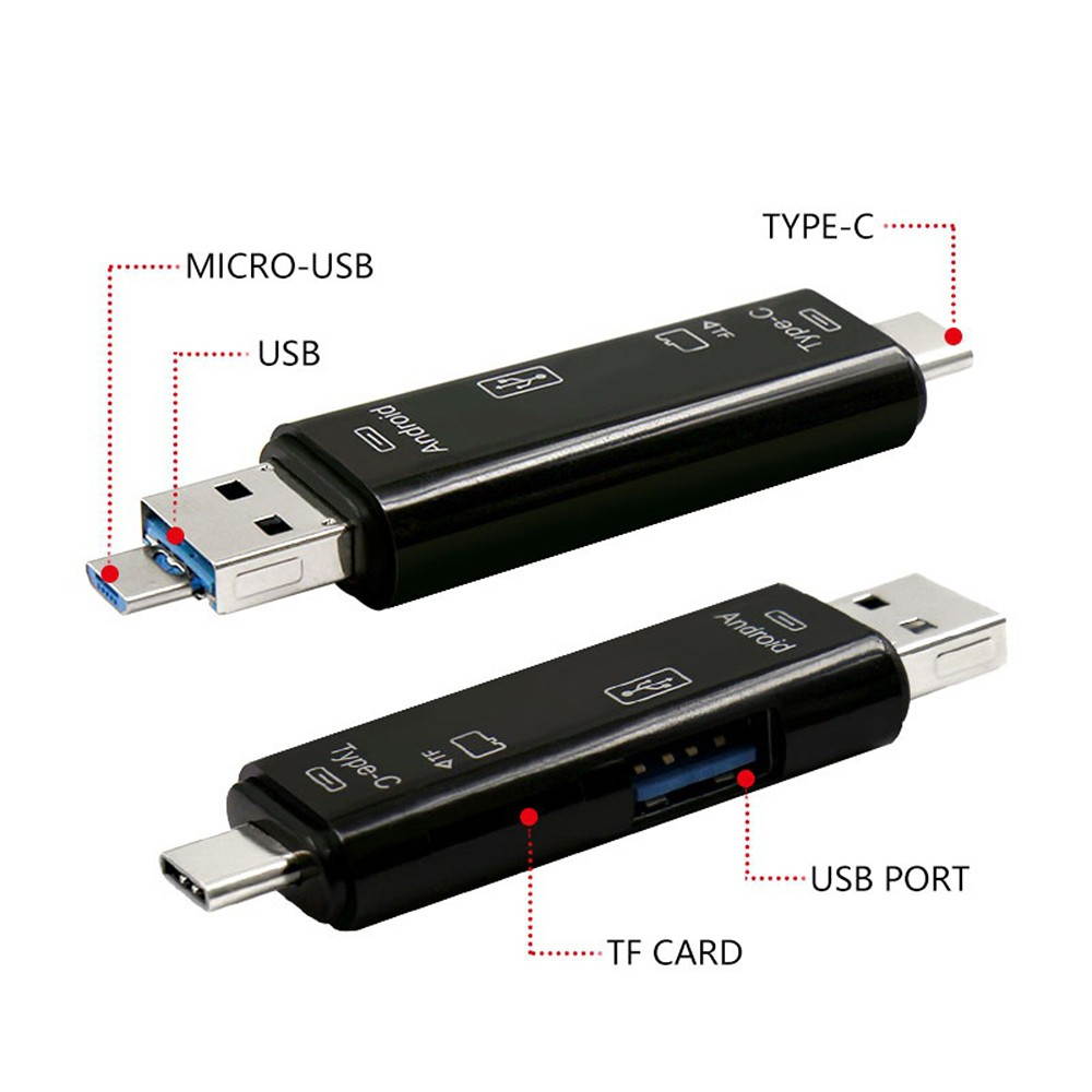 3 in 1 Type-C Card Reader Micro USB Type-C OTG Extension High Speed TF Memory Card Reader for PC Computer Phone Black