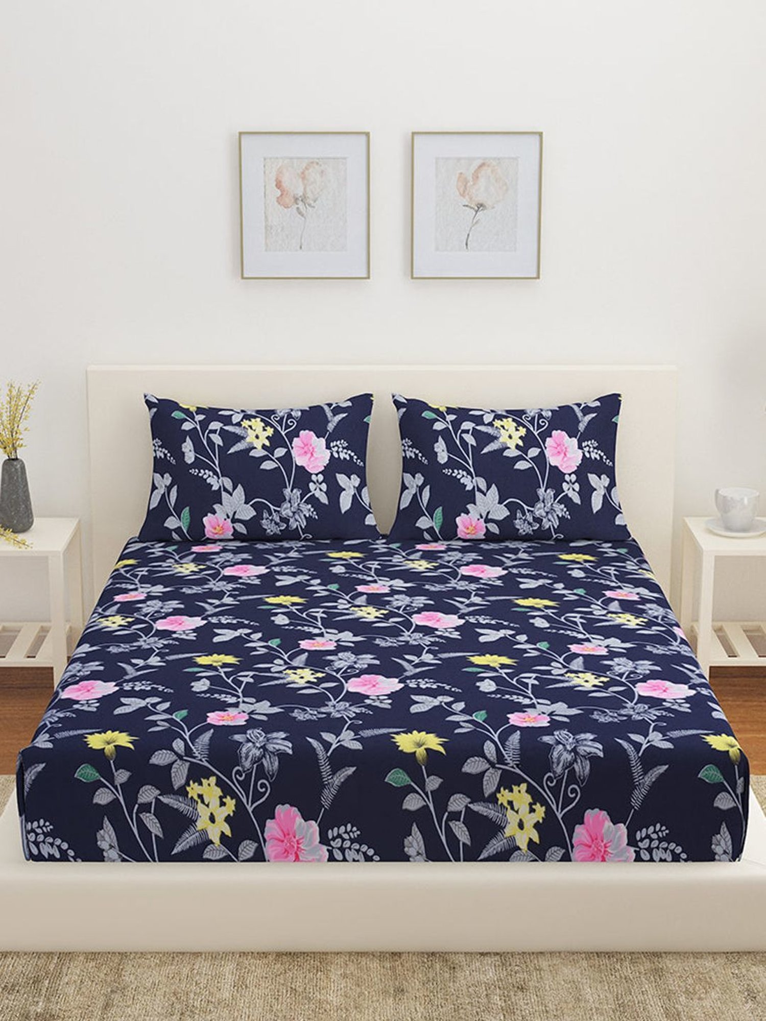 @home Utopia Foliage Floral Grey 110 GSM Cotton Blend Double Bed Sheet with 2 Pillow Covers