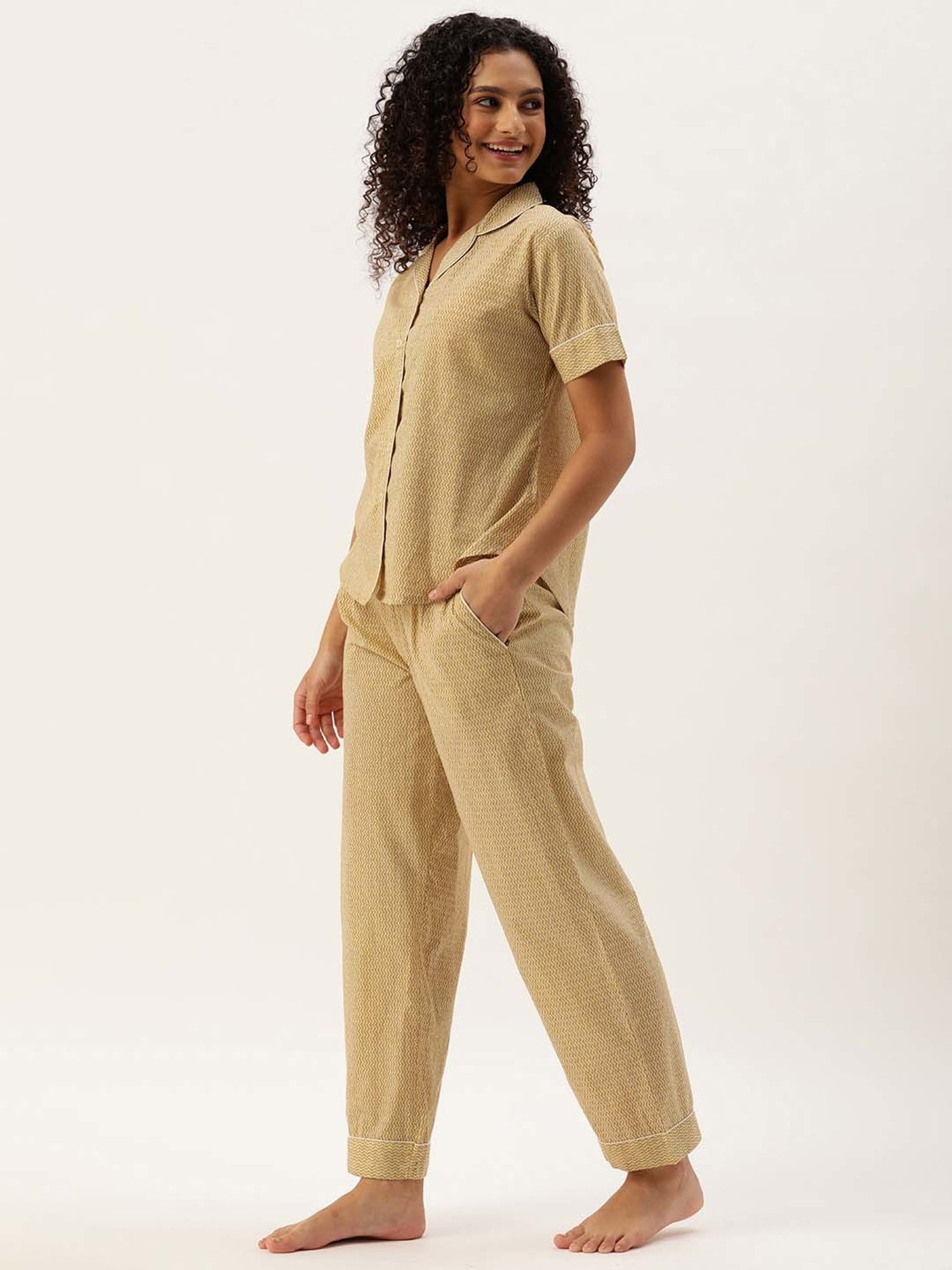 Amukti Beige Printed Shirt With Lounge Pants