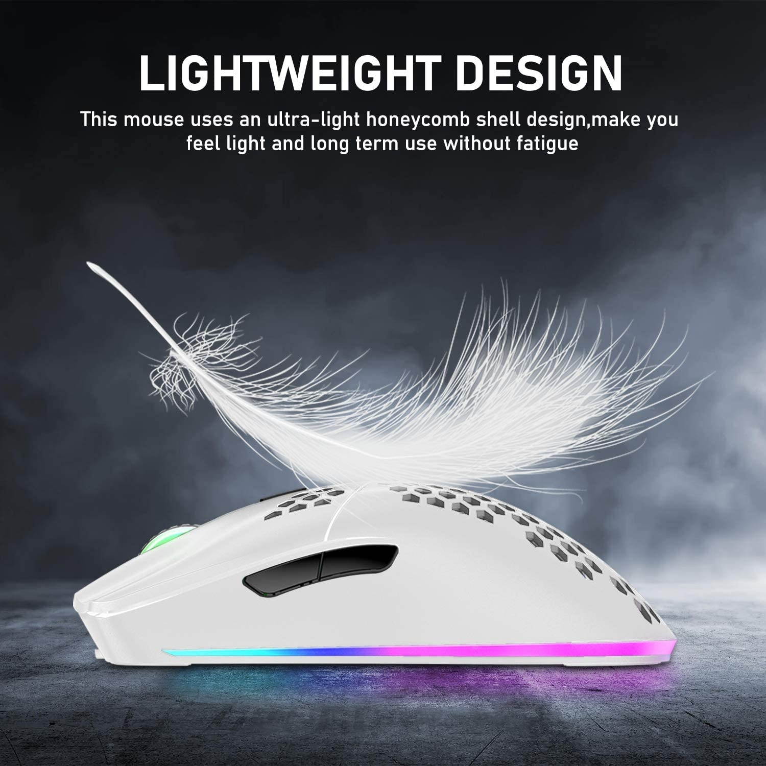 Wireless Gaming Mouse Lightweight Honeycomb Design 3200 DPI Rechargeable Gaming Mouse with 16 Rainbow Backlit, USB Receiver,Compatible with PC Gamers and Xbox and PS4 Users(White)