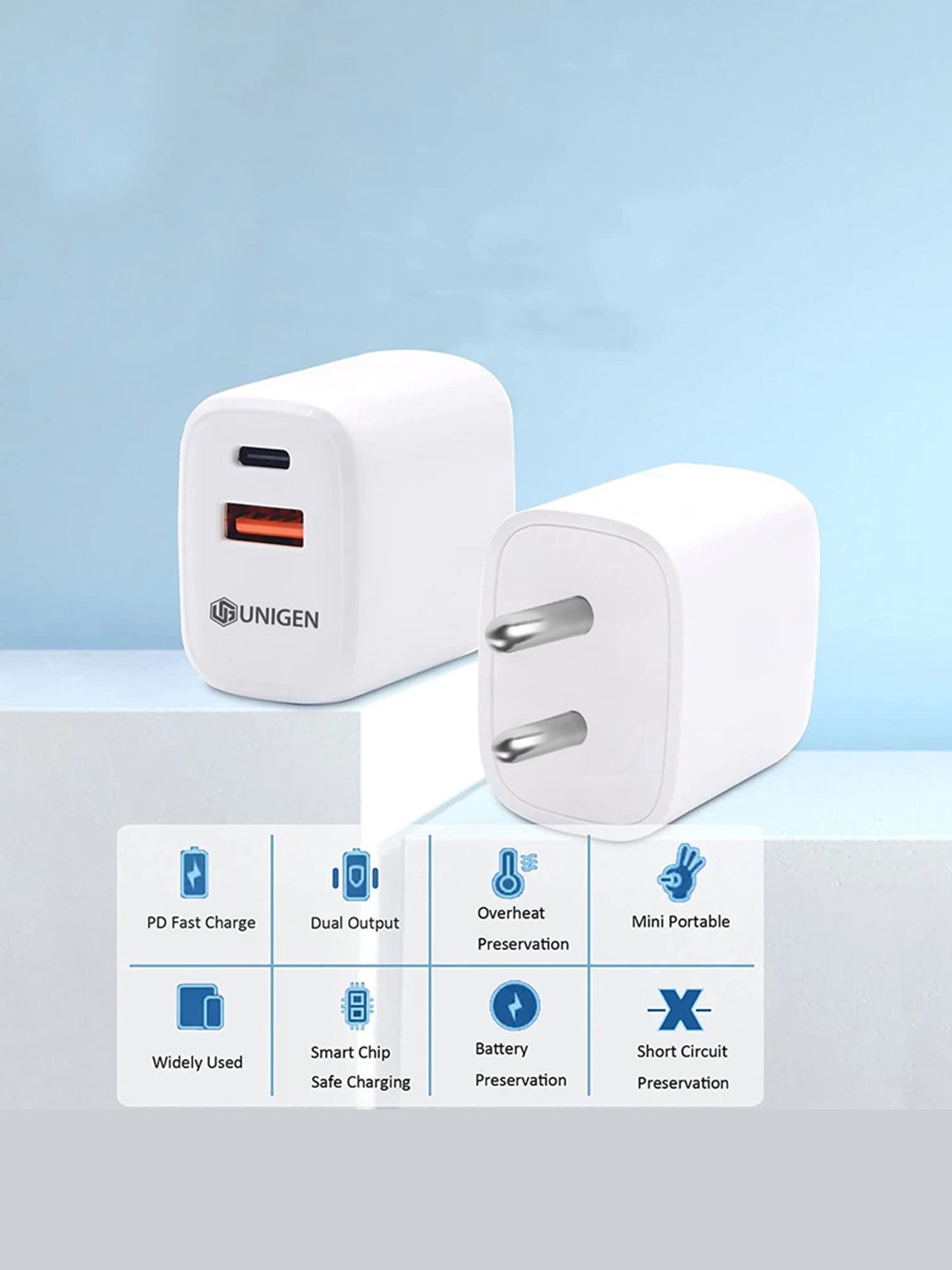 UNIGEN AUDIO 45W USB-C + USB-A Wall Charger for Fast Charging with Dual Port (White)