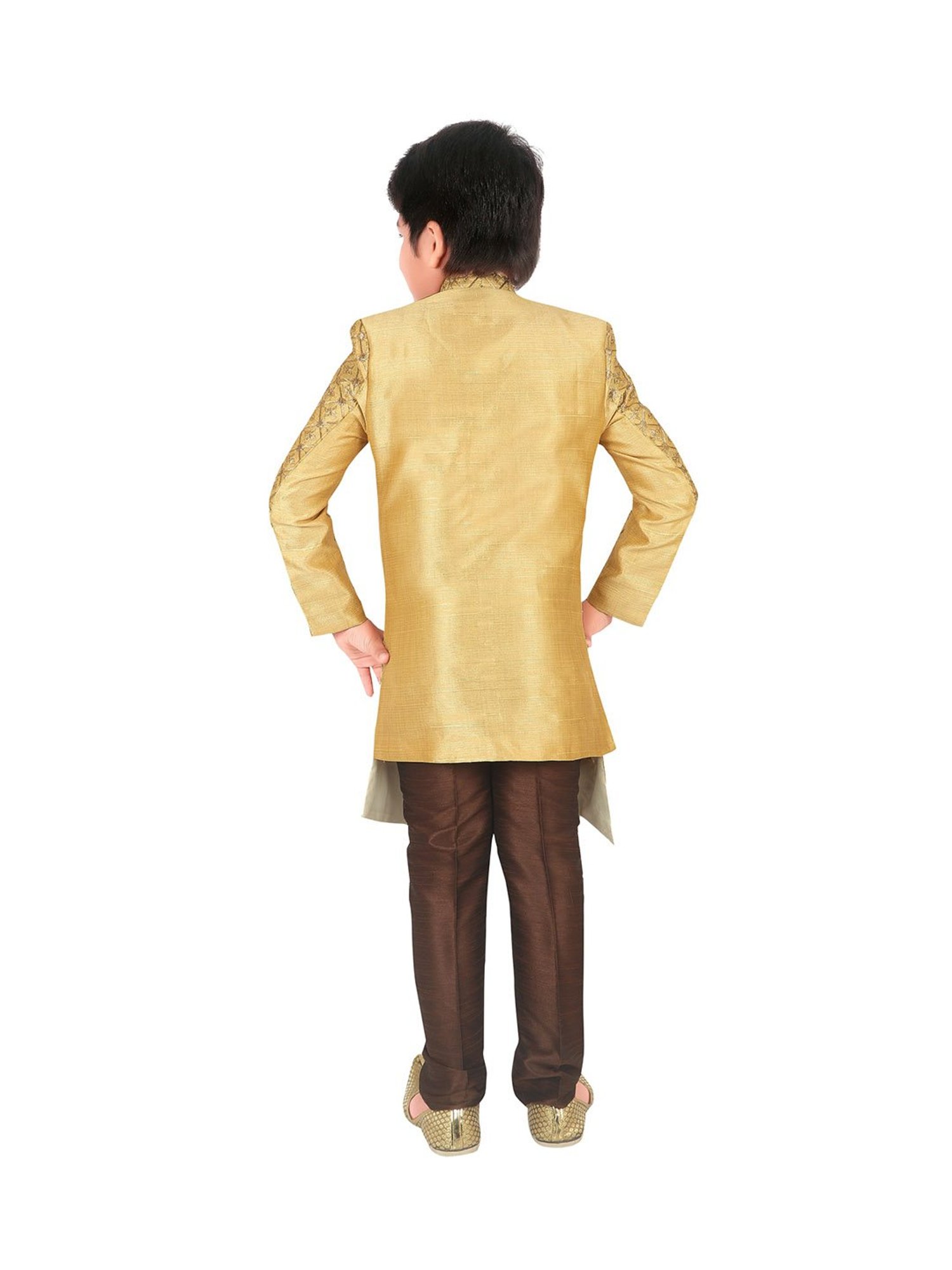 Ahhaaaa Kids Gold & Brown Embroidered Kurta with Pajamas