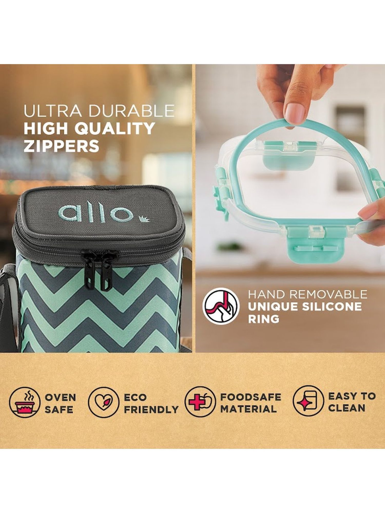 Borosilicate Glass Lunch Box Microwave Oven Safe with Detachable Lock and Chevron Mint Tiffin Bag