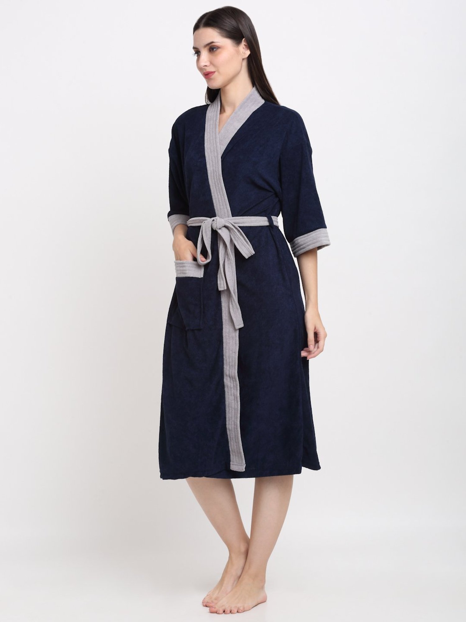 Creeva Everyday Navy & Grey 225 GSM Micro Terry Bathrobe with Front Pocket & Kimono Collar