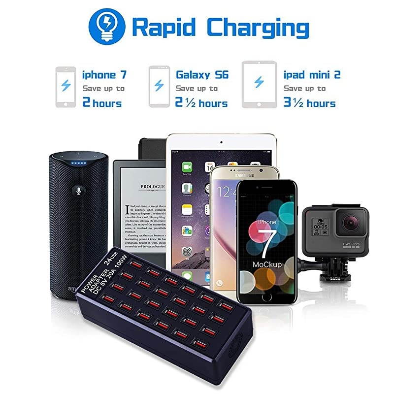 Ports 100W 20 A USB Charging Station FamilySized Desktop USB Rapid Charger Multiple USB Desktop Charger for Hotel School Shop mallUL Certified