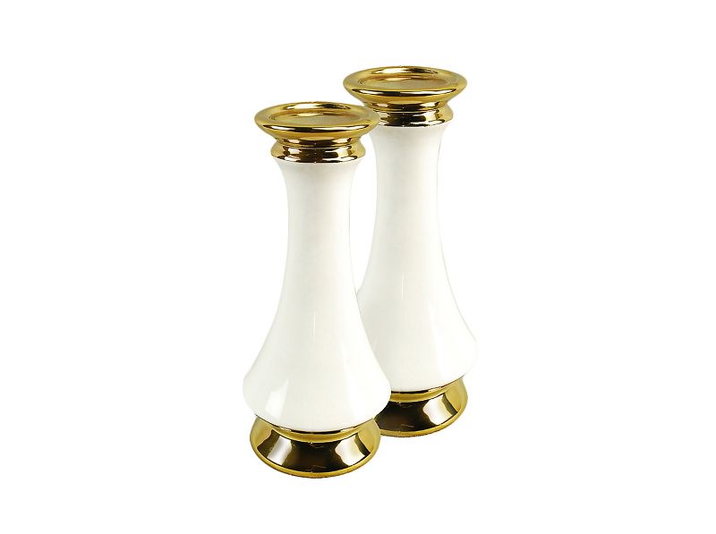 Ceramic Pillar Candle Stick Set of 2 White/Gold Finish 12" - Drew DeRose