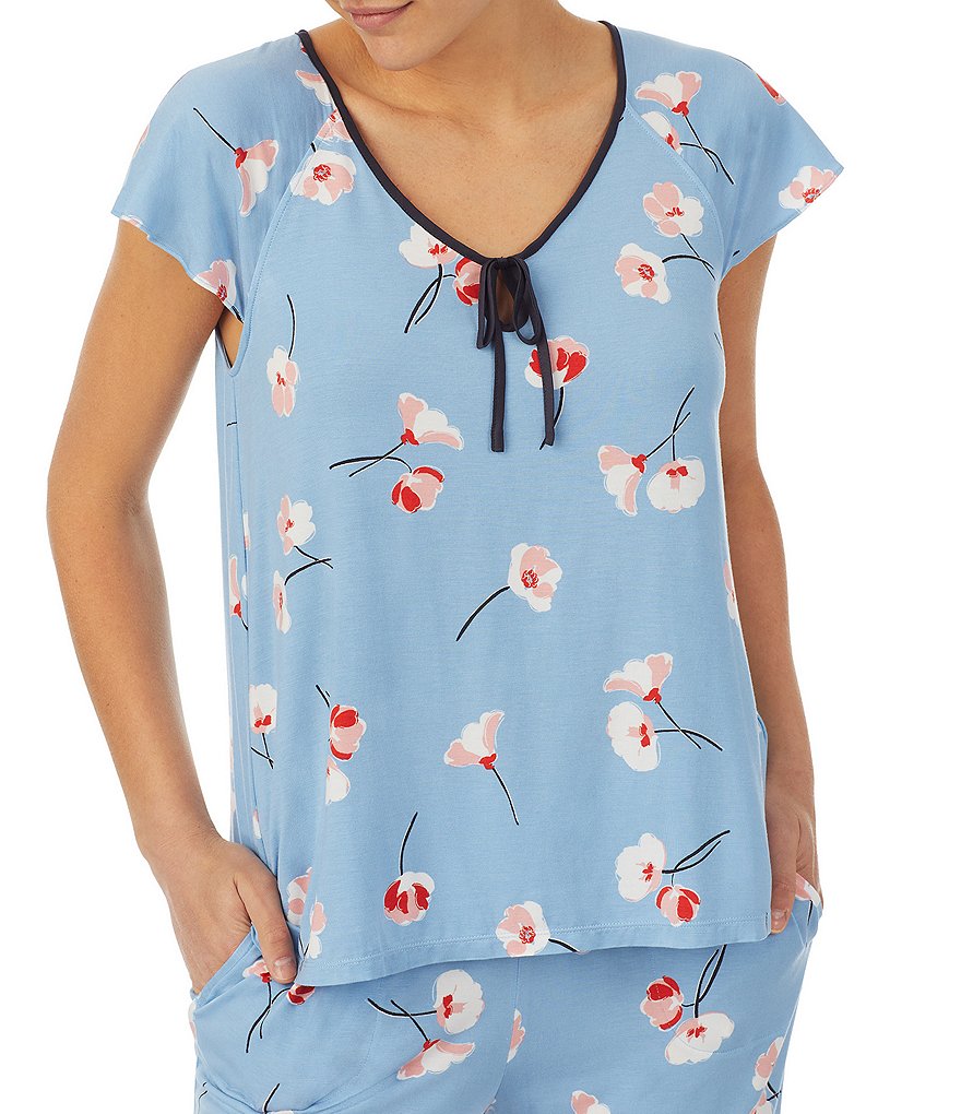 kate spade new york Floral Print Jersey Cropped V-Neck Short Flutter Sleeve Coordinating Pajama Set