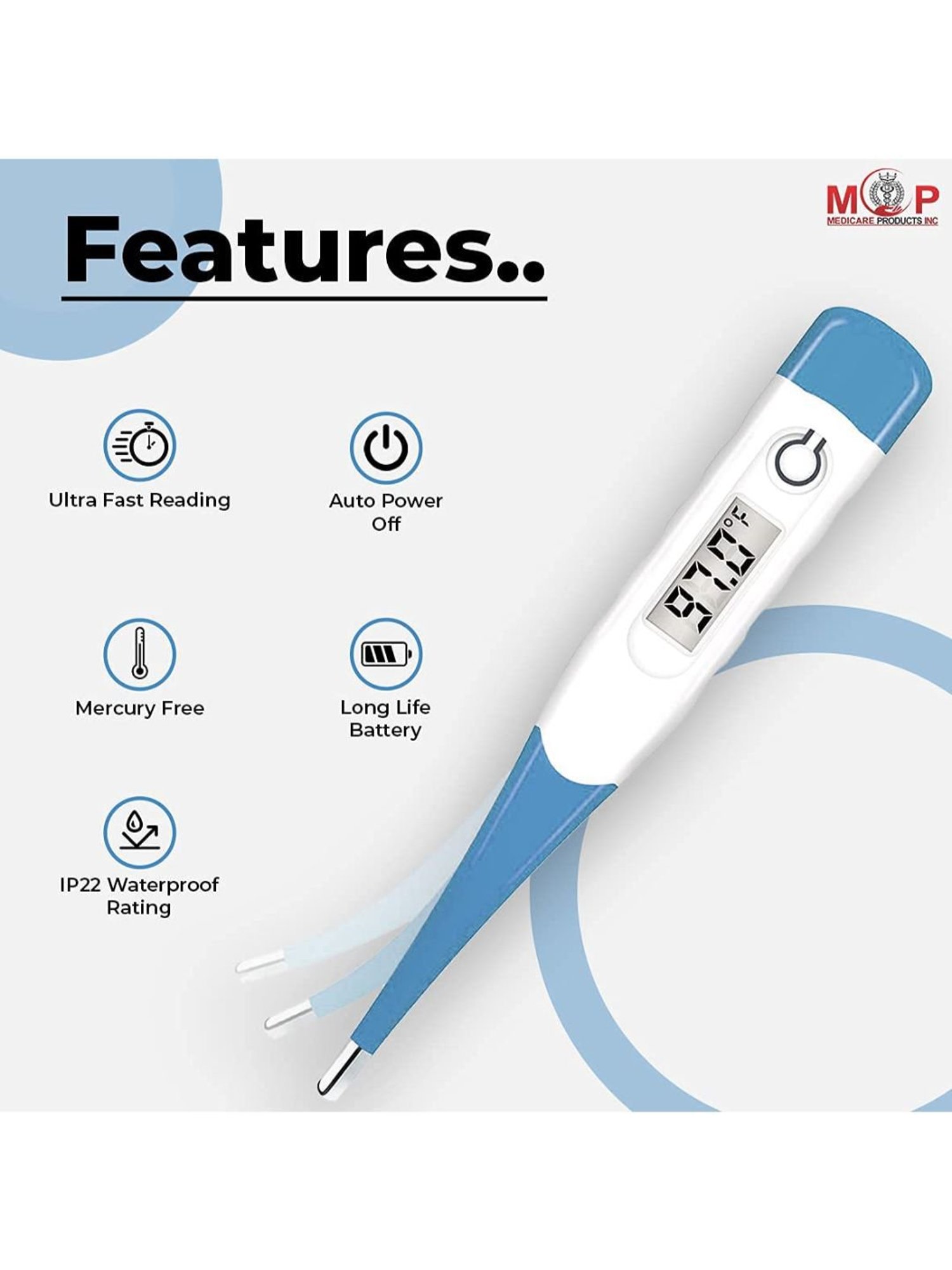 MCP Flexible Tip Waterproof Digital Thermometer (Blue and White)