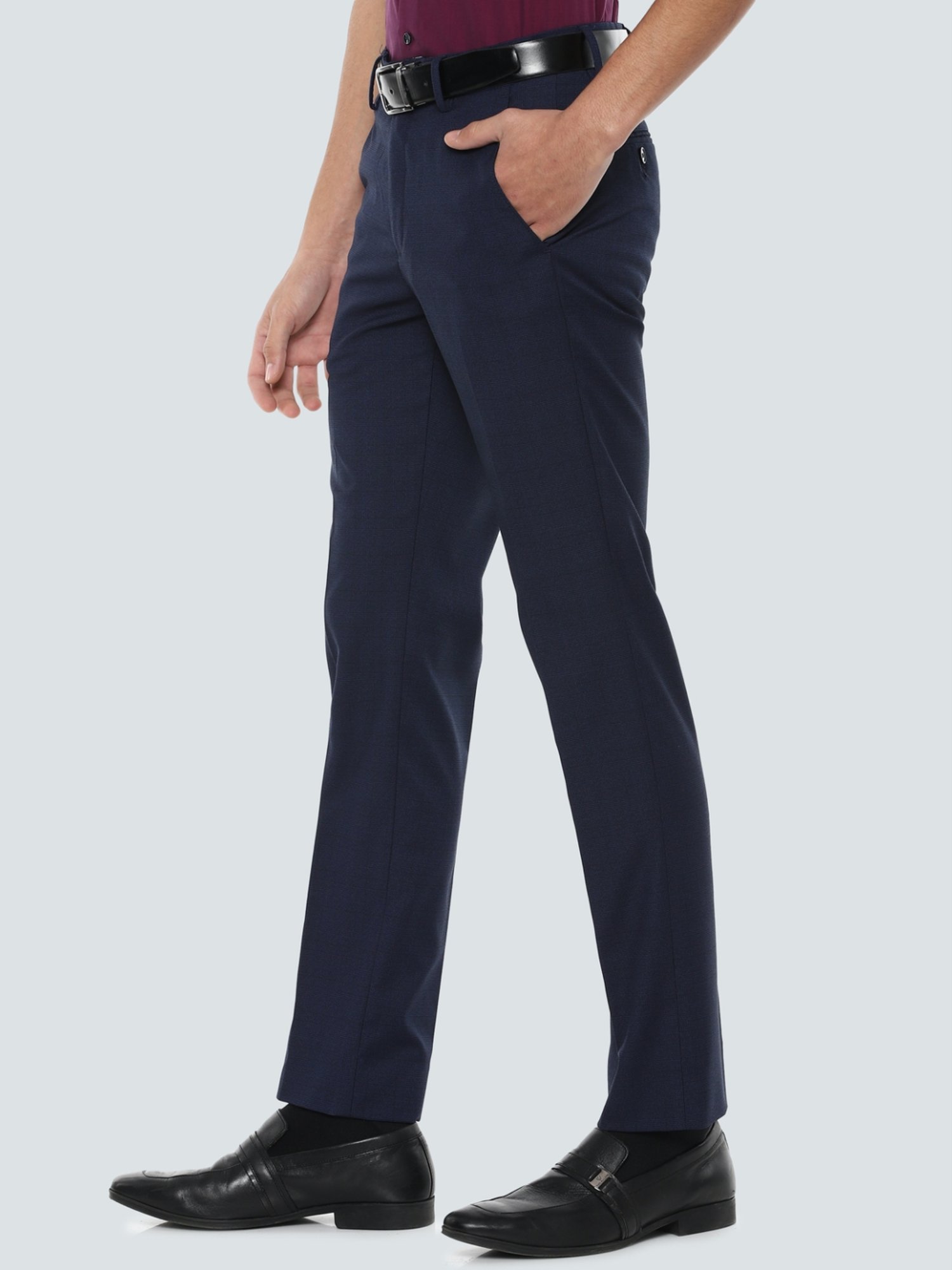 Louis Philippe Navy Slim Fit Checks Flat Front Trousers