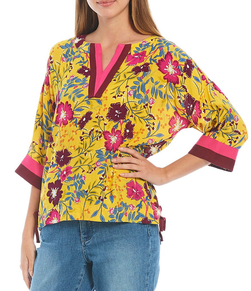 Tru Luxe Jeans 3/4 Sleeve Bright Floral Print Sport Trim Knit Top