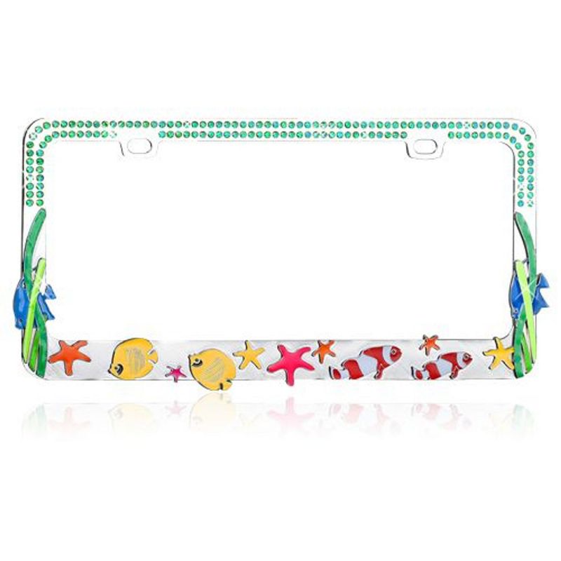 Valor Auto Companion LPF2MC009BLU Colorful Sea Fish Design Metal License Plate Frame with Blue Crystals