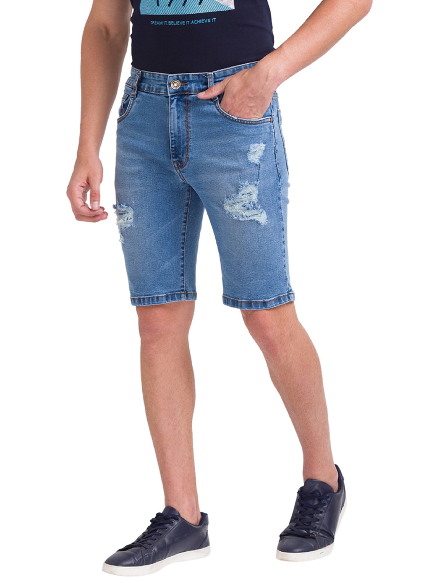 Parx Blue Regular Fit Distressed Denim Shorts