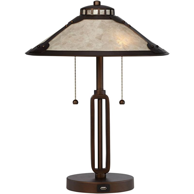 Franklin Iron Works Mission Desk Table Lamp with Hotel Style USB Charging Port Industrial Rubbed Bronze Natural Mica Shade for Bedroom Office