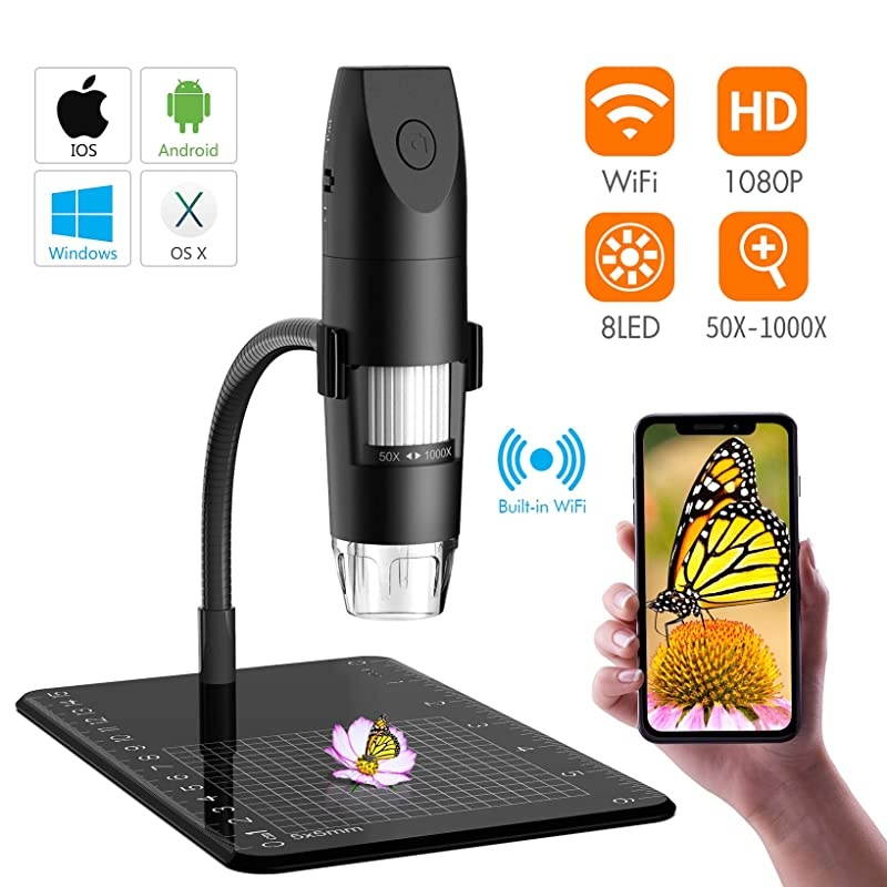 Wireless Digital Microscope  Mini Pocket Handheld WiFi USB 50x to 1000x Magnification Microscope Camera 8 LED HD 1080P Compatible with Android Smartphone iPhone Tablet Windows MacBlack