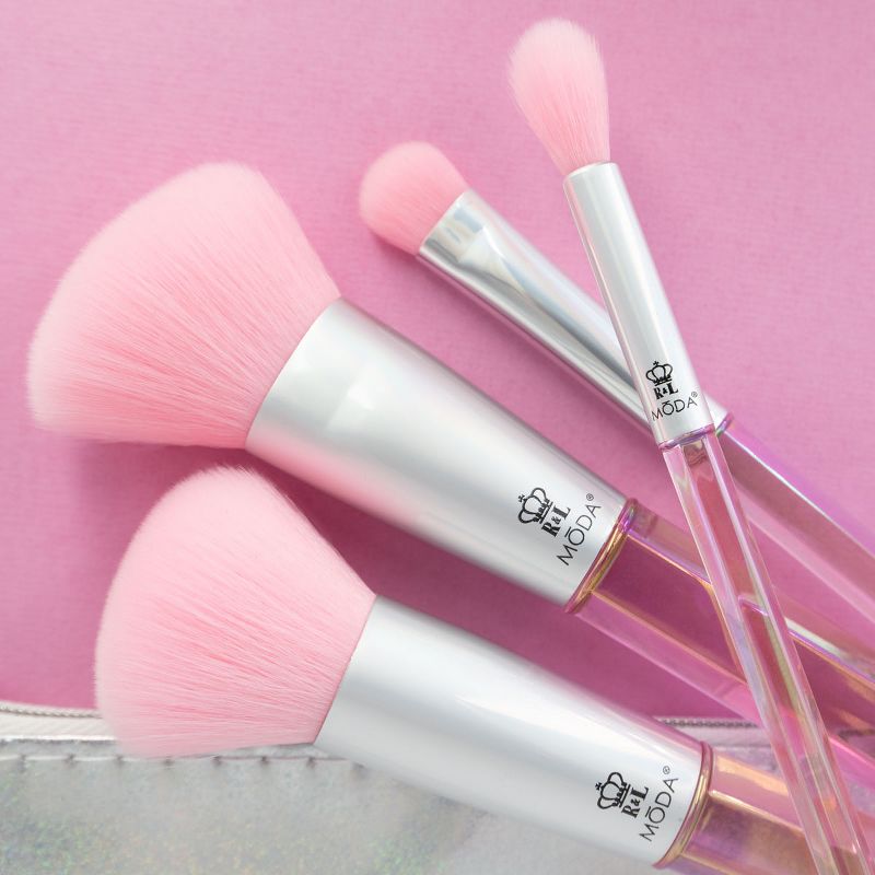 MODA Brush Mythical 5pc Rose Quartz Crystal Makeup Brush Set with Holographic Zip Case, Includes - Powder, Angle Blush, MD Shader, and Crease Brushes