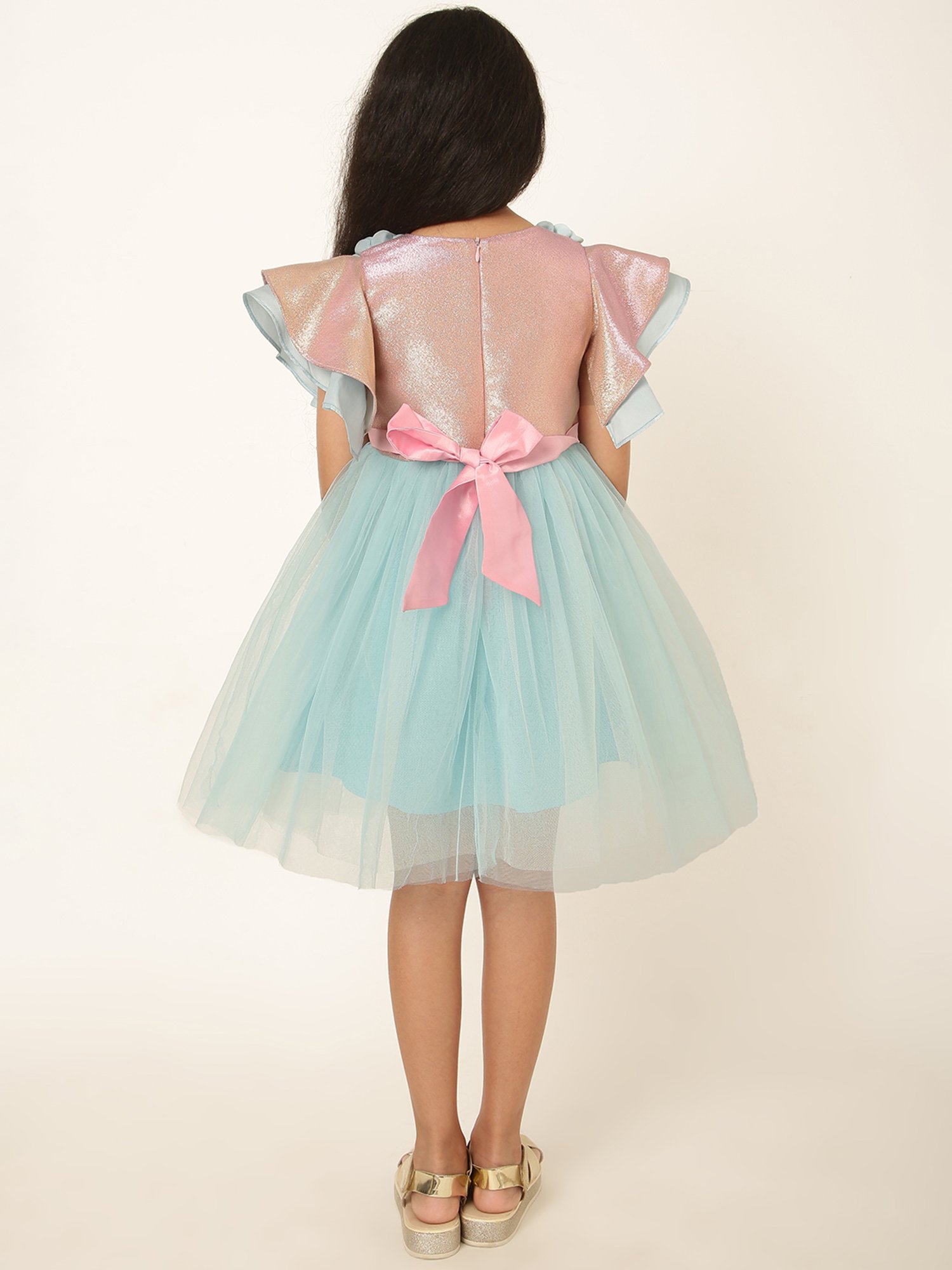 A Little Fable Girls Peach & Blue Shimmer Dress