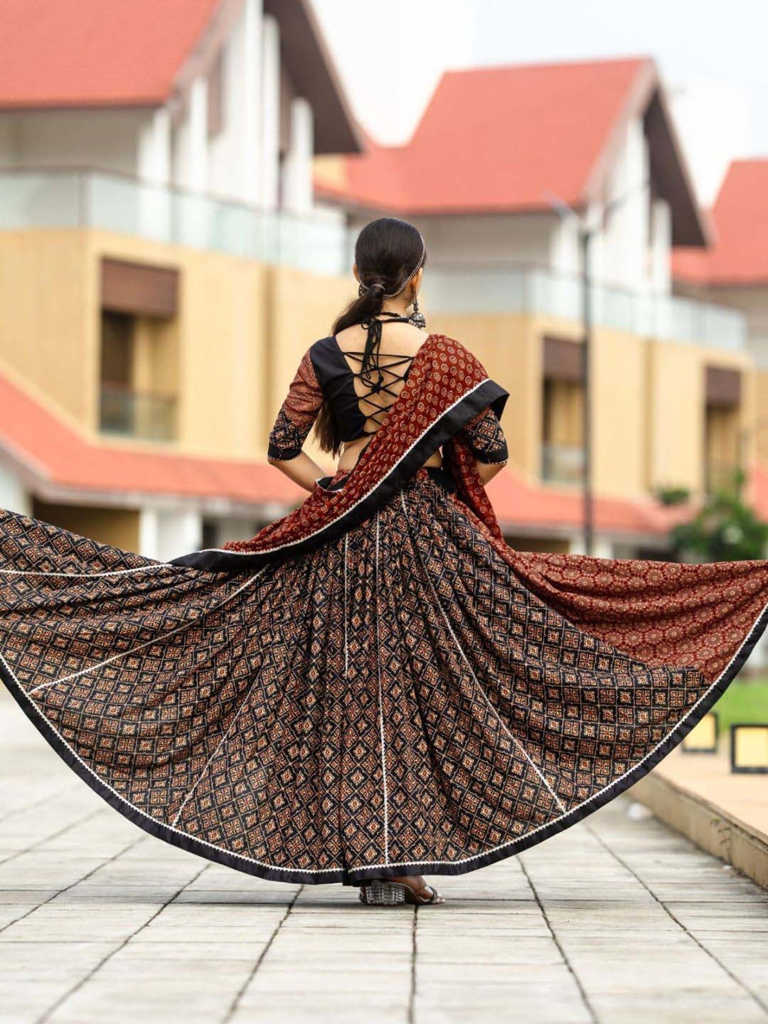 Odette Black & Maroon Cotton Printed Lehenga Choli Set With Dupatta