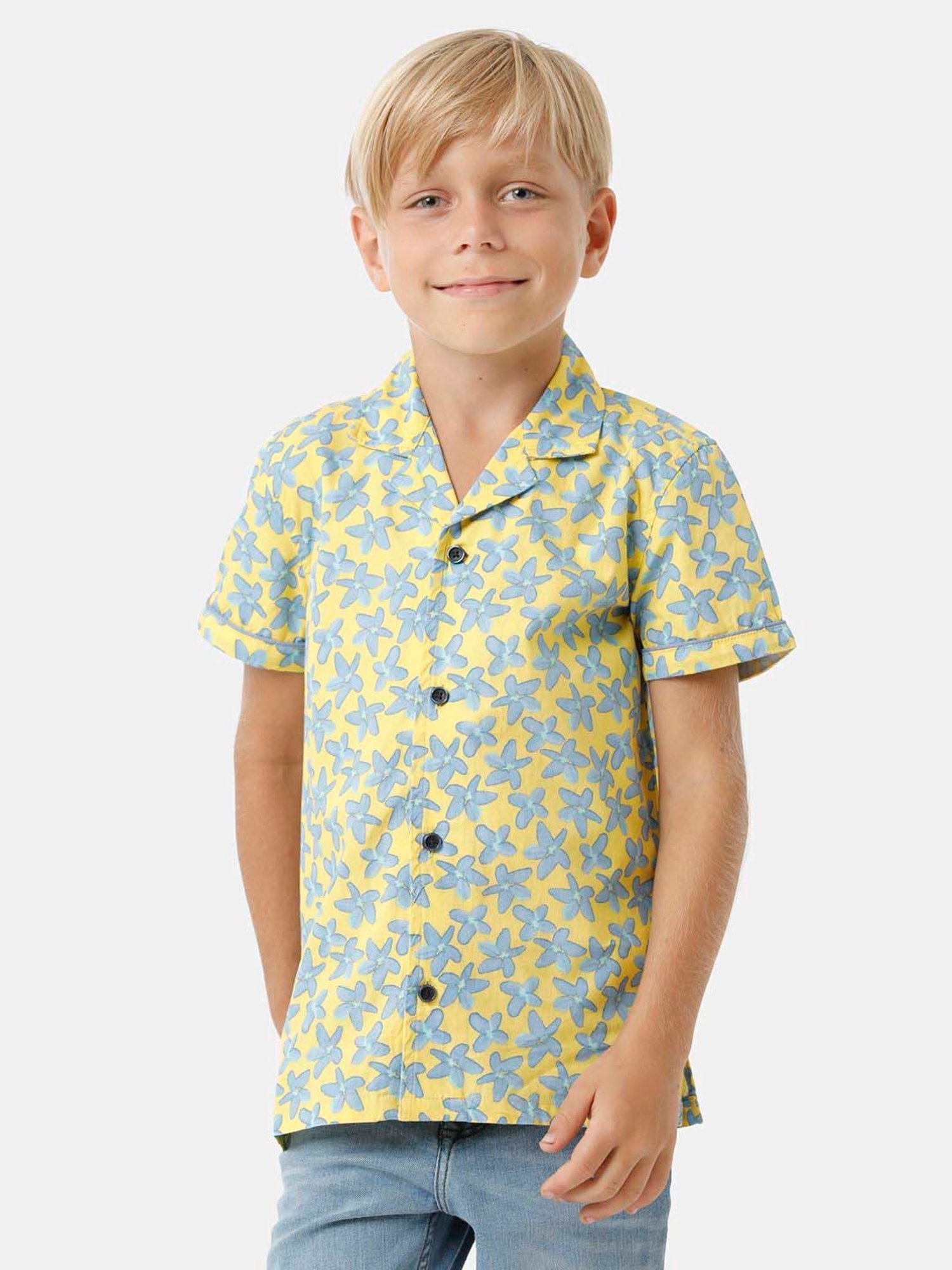 Kate & Oscar Kids Yellow & Blue Cotton Floral Print Shirt