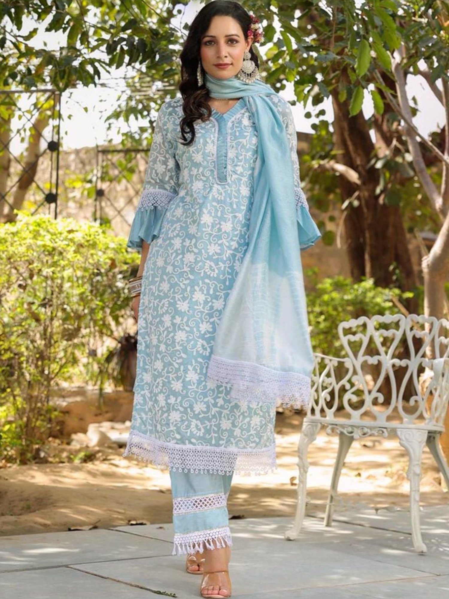 Autumnlane Blue Jeena Sky Embroidered Cotton Kurta with Pant and Dupatta