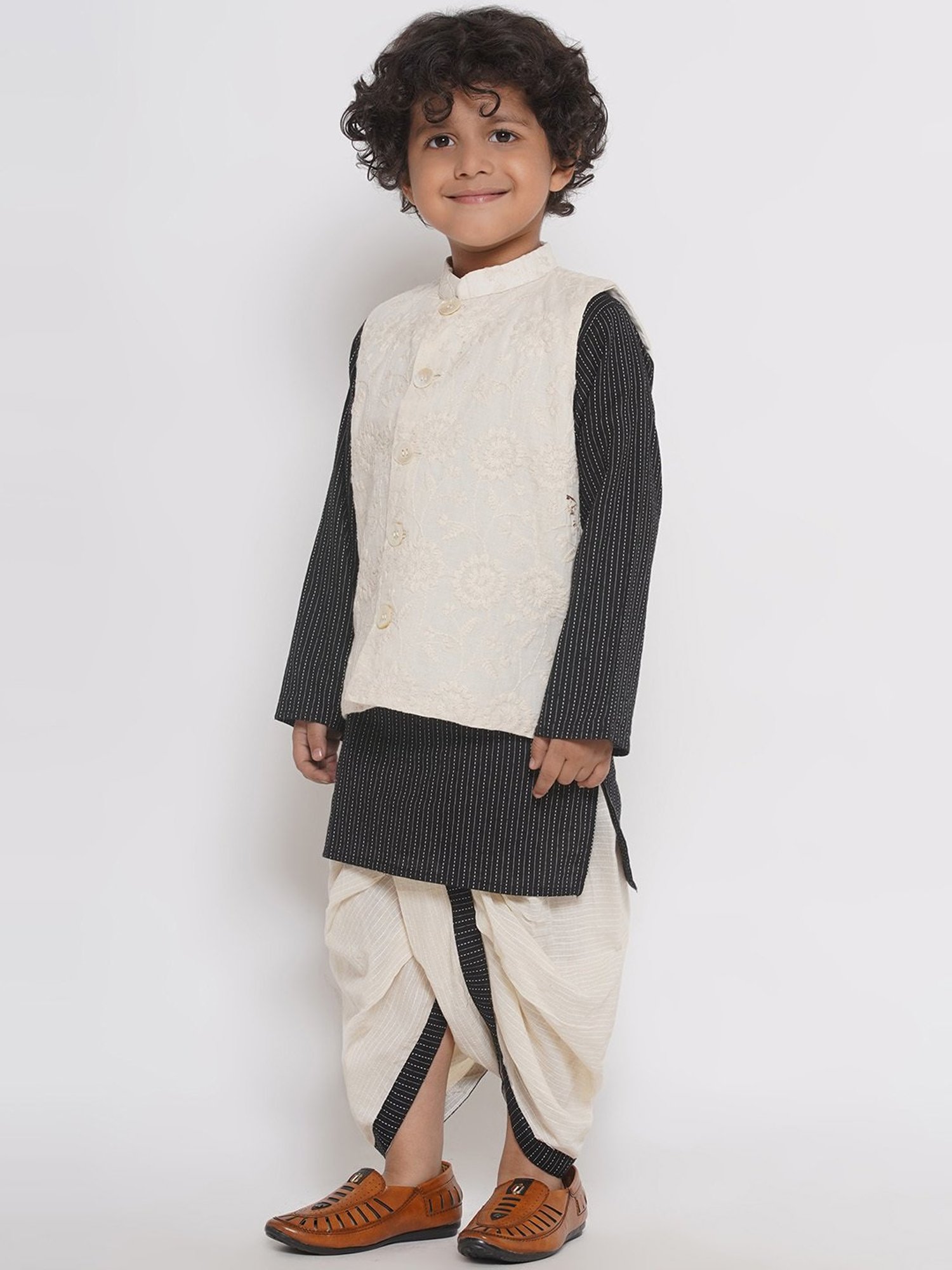 Little Bansi Kids Black & White Embroidered Kurta, Jacket with Dhoti