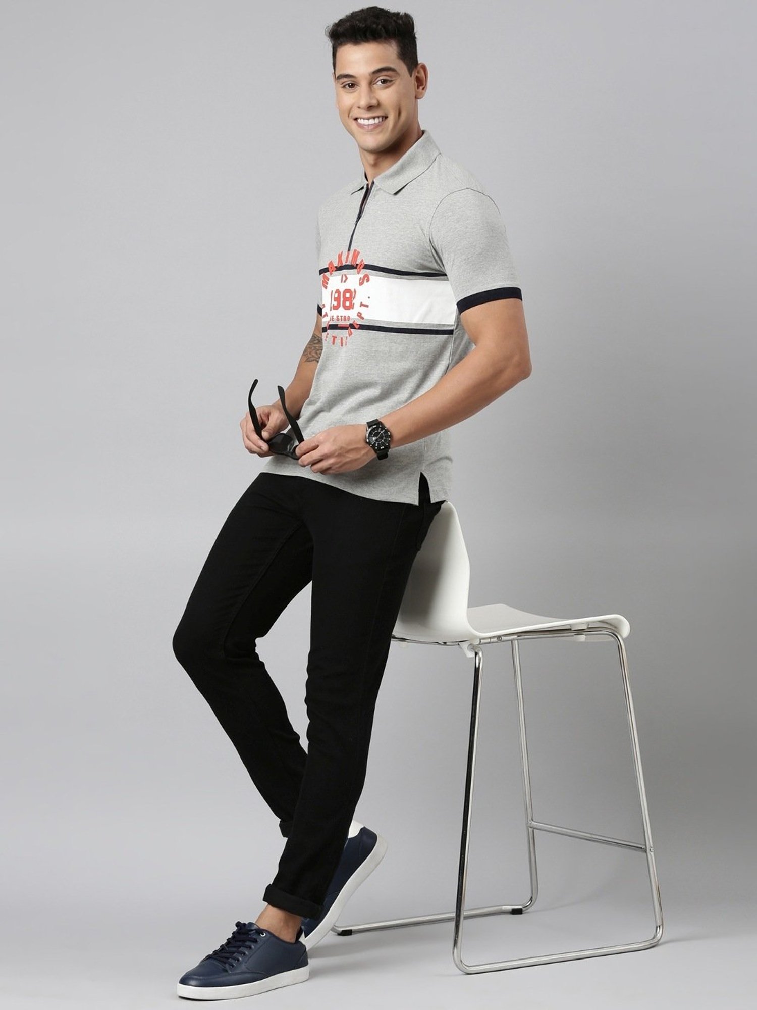 Dixcy Scott Maximus Grey Cotton Regular Fit Printed Polo T-Shirt