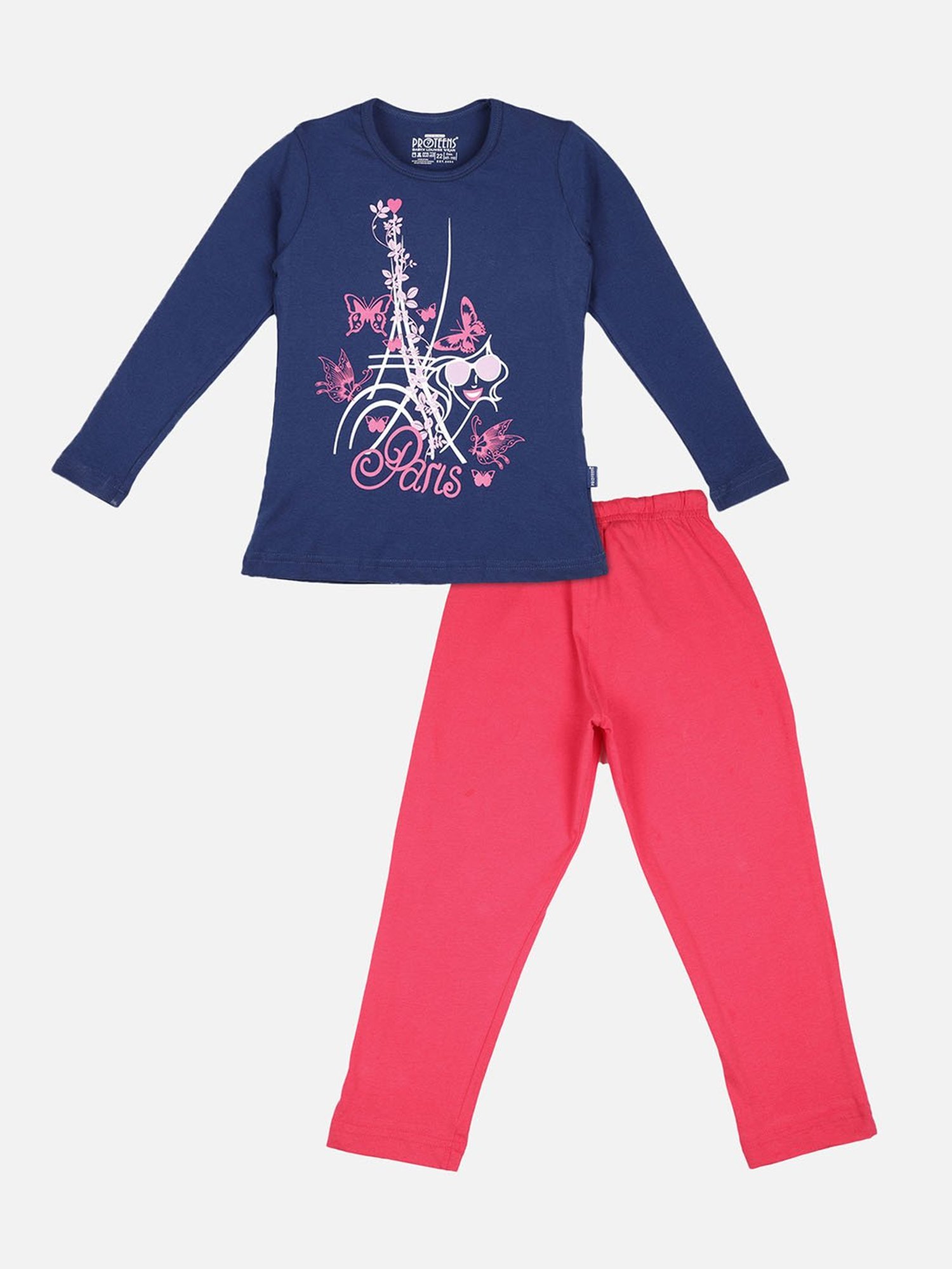 Proteens Girls Navy & Pink Printed Full Sleeves T-Shirt with Pants