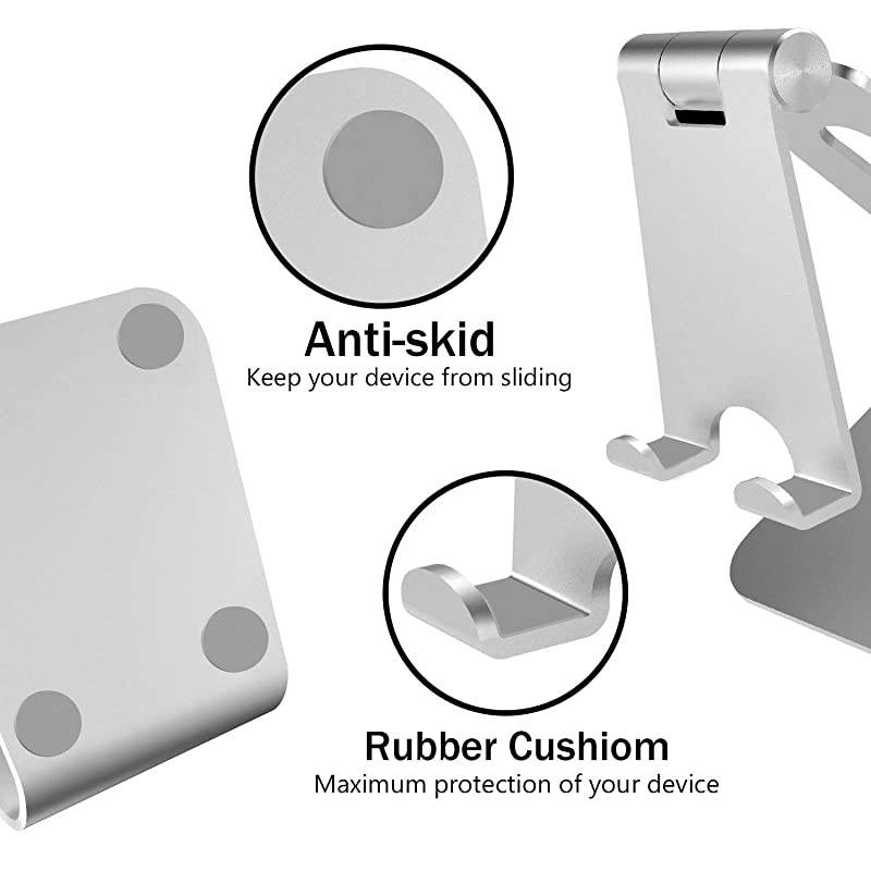 Cell Phone Tablet Stand Adjustable Multi-Angle Aluminum Non-Slip Dock Holder Cradle Charger Station Mount Foldable Portable Desktop Organizer Table Kitchen Room Office School (Silver)