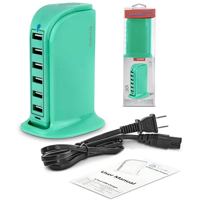40W 6Port USB Desktop Charging Station Hub Wall Charger for iPhone iPad Tablets Smartphones with Smart Flow Turquoise