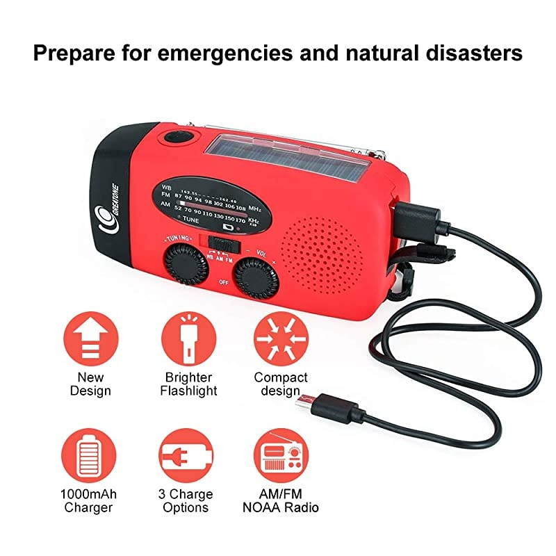 Emergency Hand Crank Self Powered AMFM NOAA Solar Weather Radio with LED Flashlight 1000mAh Power Bank for iPhoneSmart Phone 088 red