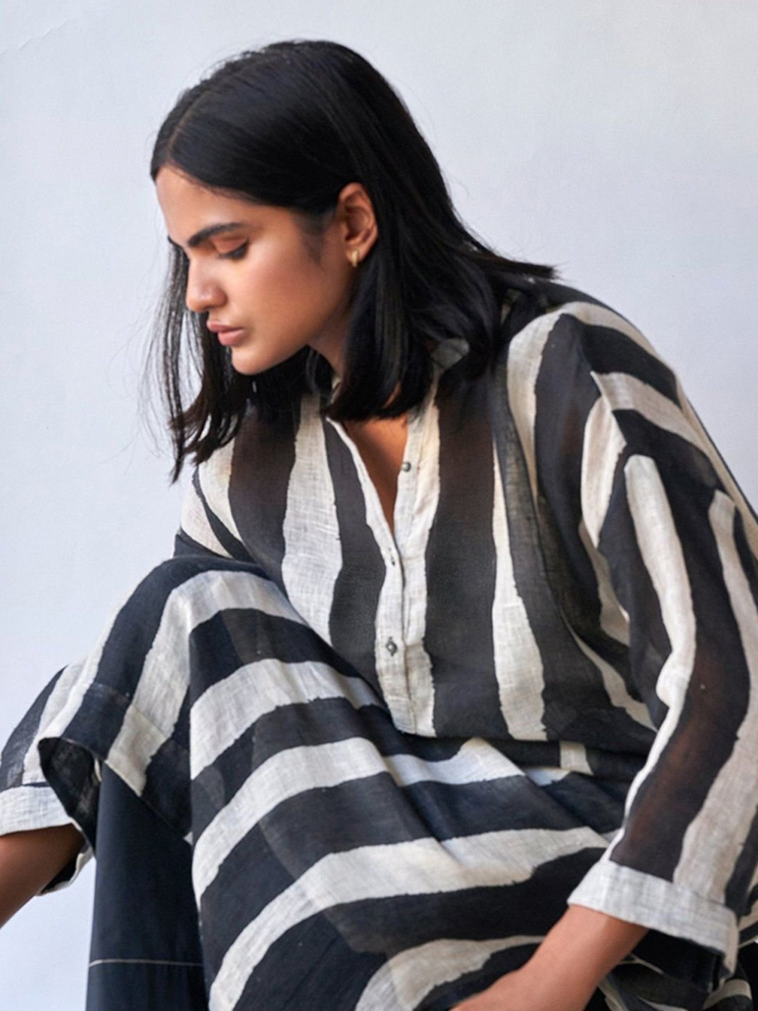 Ganga Fashions Black & Tofu Stripe Linen Kurta with Pant Co-ords Set