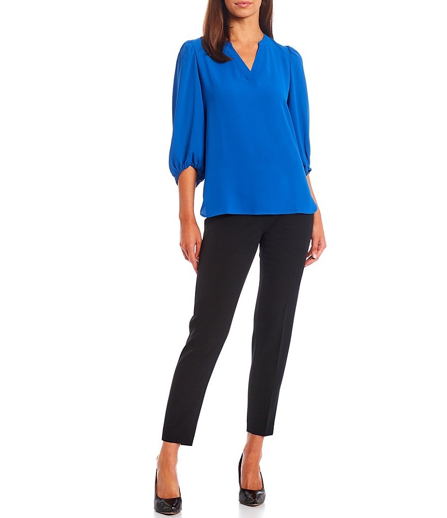 Anne Klein Split V-Neck 3/4 Lantern Sleeve Crepe de Chine Blouse