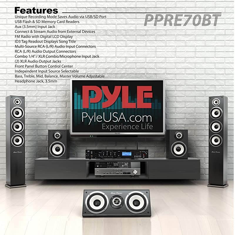 Rack Mount Studio PreAmplifier Audio Receiver System wDigital LCD Display Bluetooth FM Radio Recording Mode Remote Control USB Flash or SD Card Reader Input and Output Jack PPRE70BT