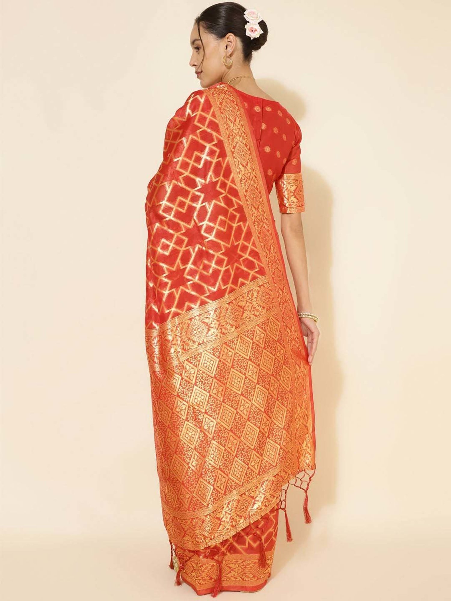 Janasya Red Silk Woven Saree With Unstitched Blouse