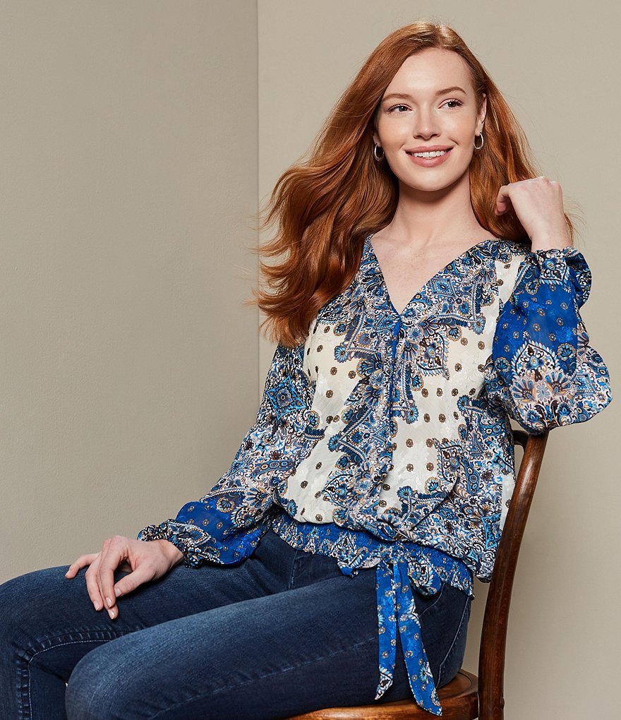 Reba Surplice V-Neck Long Sleeve Smocked Hem Tile Print Faux Wrap Top