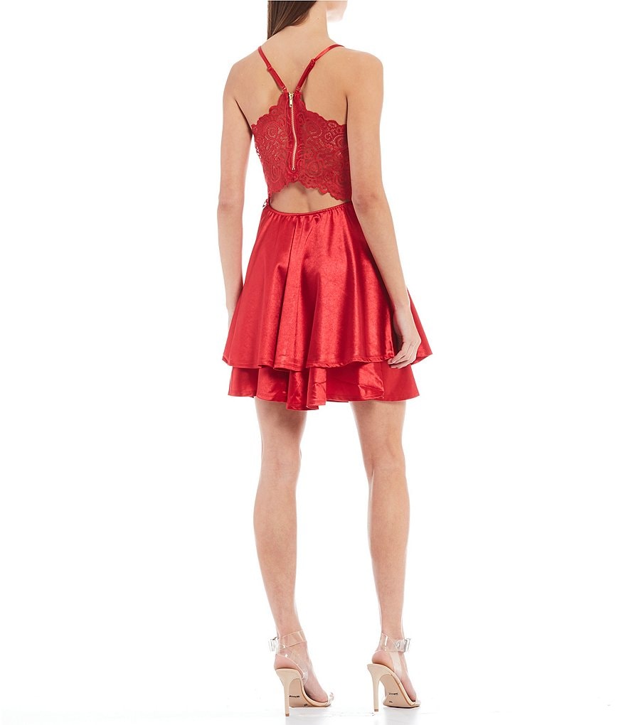 Honey and Rosie Satin Knit Lace-Bra-Back Fit-and-Flare Dress
