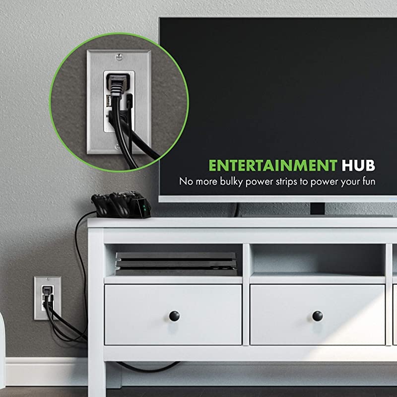 48A High Speed USB Outlet Charger with Stainless Steel Decorator Wall Plate 24W 20A TamperResistant Receptacle UL Listed TU22048AWWP7731 White