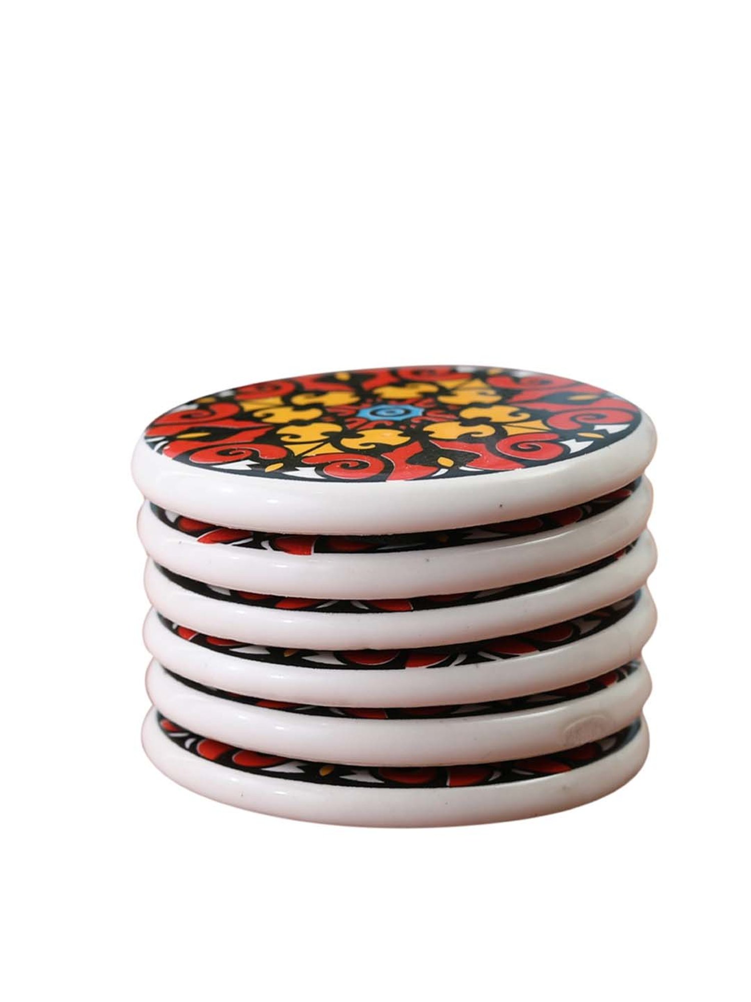 Karo Tapi Printed Multicolor Wood Coasters - Set of 6