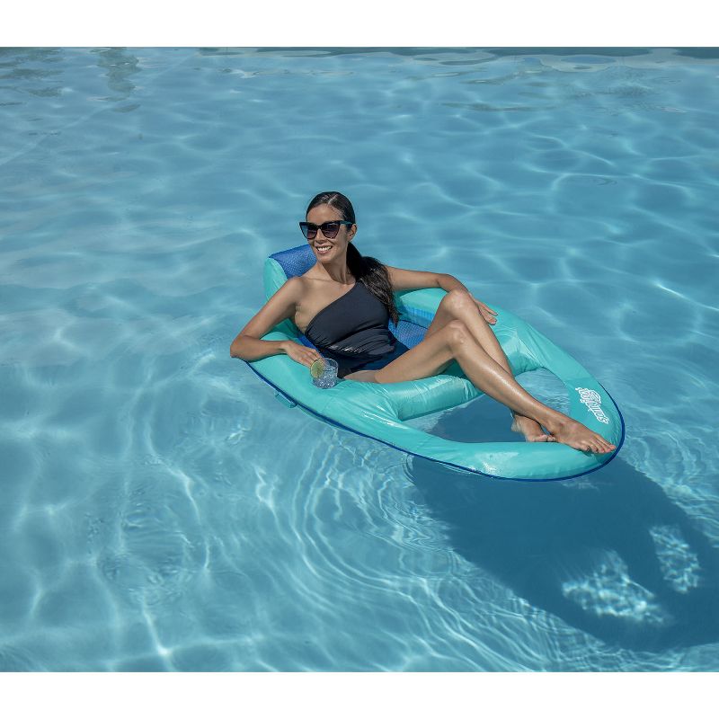 SwimWays Inflatable Soft Mesh Twist and Fold Spring Stable Relaxing Recliner Pool and Lake Float Lounger with Cup Holder, Backrest, and Headrest, Aqua