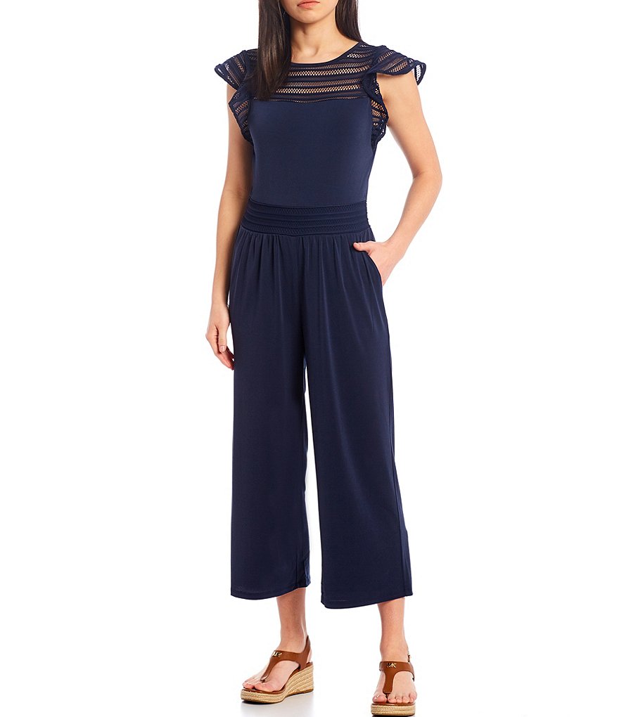 MICHAEL Michael Kors Crepe Jersey Flutter Cap Sleeve Mesh Trim Cropped Jumpsuit