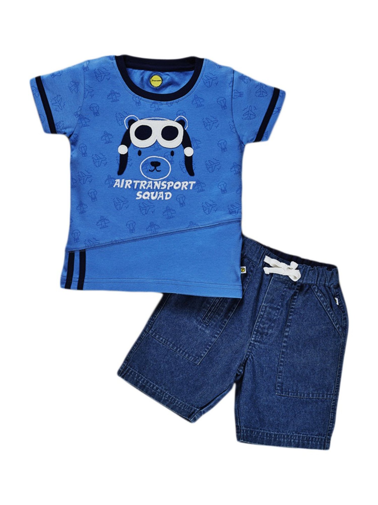 Pranava Kids Blue & Dark Blue Cotton Patch Work T-Shirt & Shorts