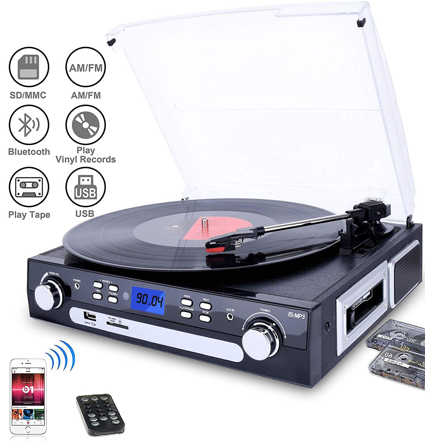 DIGITNOW Bluetooth Record Player with Stereo Speakers, Turntable for Vinyl to MP3 with Cassette Play, AM/FM Radio, Remote Control, USB/SD Encoding, 3.5mm Music Output Jack