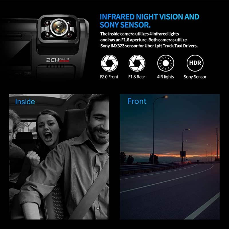 WiFi D30H Dash Cam with Infrared Night Vision 2.0 inch IPS, G-Sensor, Loop Recording Dual 1920x1080P Front and Inside, 170&deg; Wide Angle, G-Sensor, 24H Parking Monitor for Cars Truck Taxi