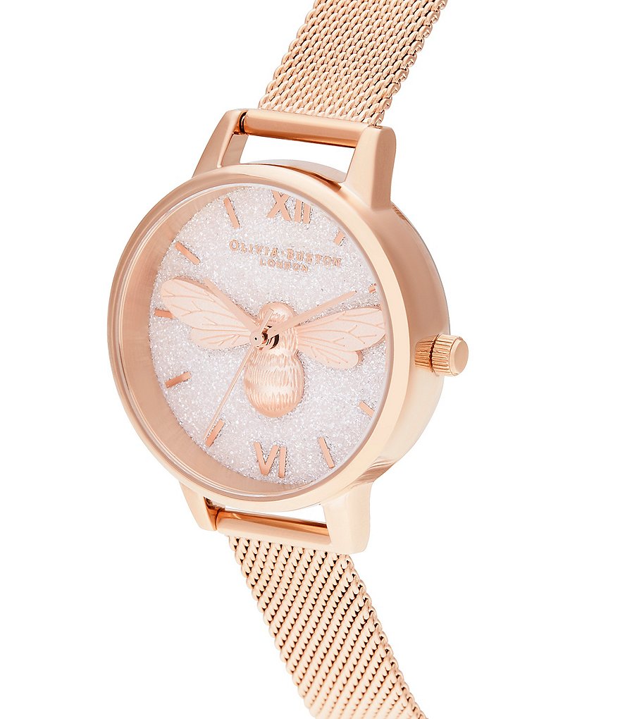 Olivia Burton Glitter Dial Lucky Bee Rose Gold Mesh Watch