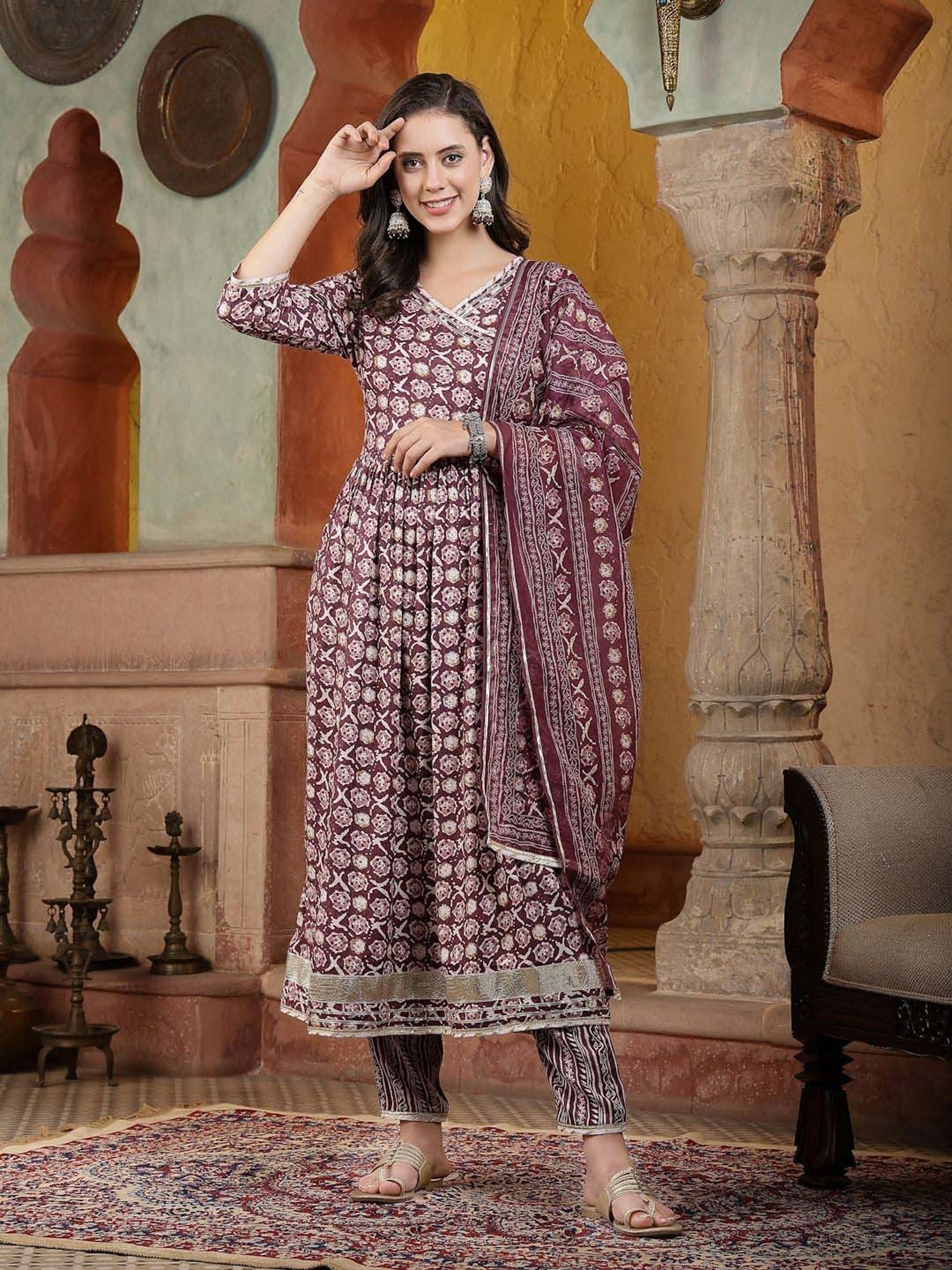 Stylum Purple Printed Kurta Pant Set With Dupatta