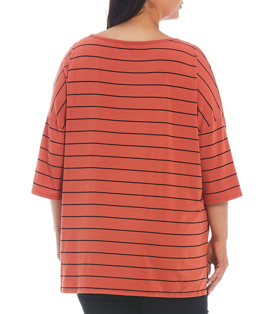 Westbound Plus Size Striped Round Neck 3/4 Sleeve 1 Pocket Tee