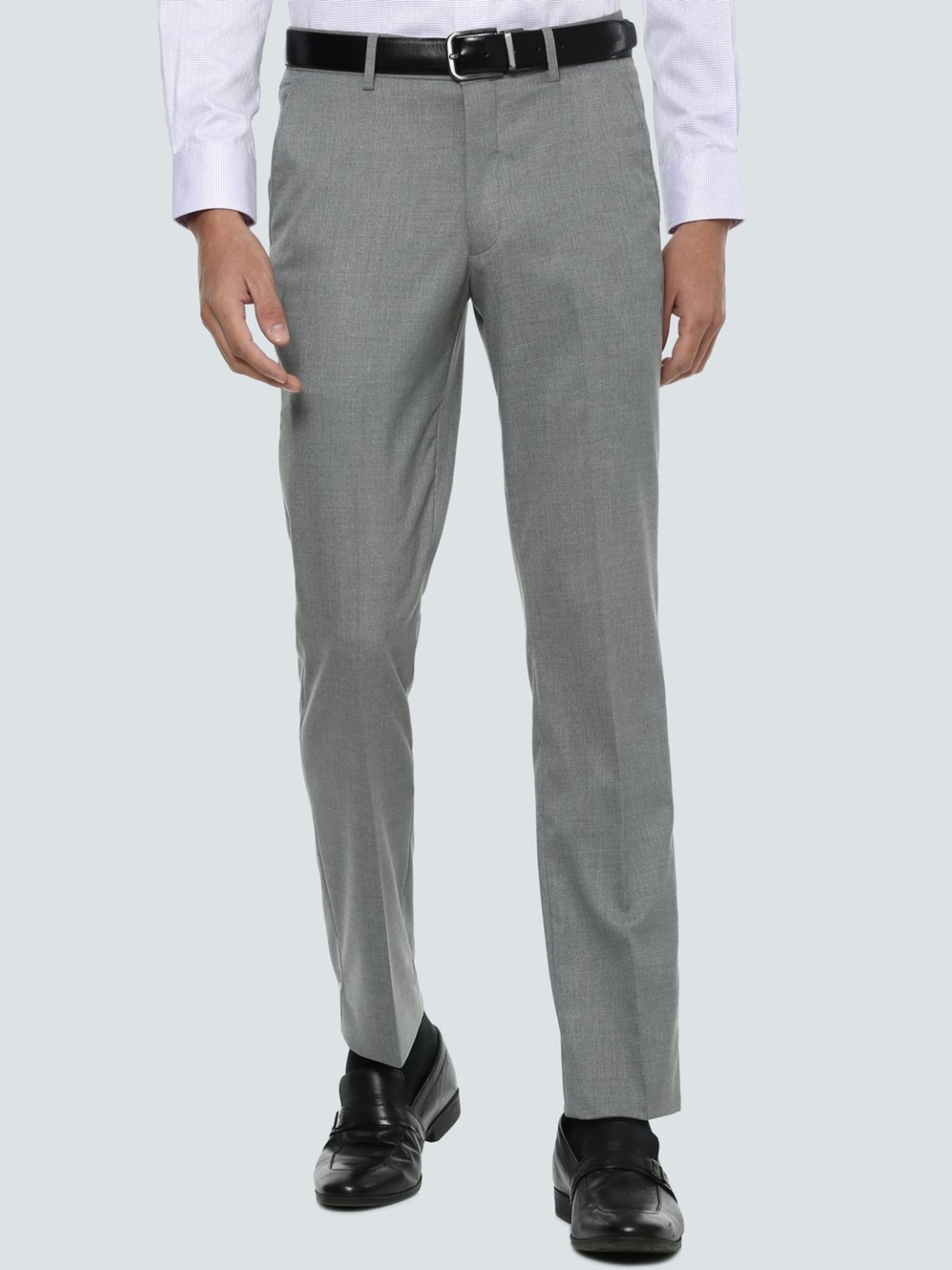 Louis Philippe Grey Slim Fit Self Pattern Flat Front Trousers