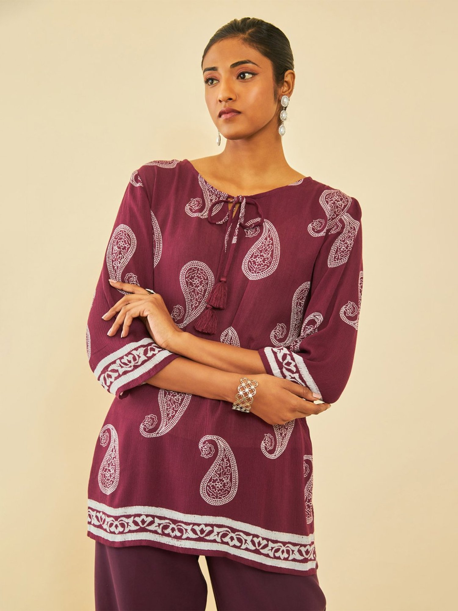 Soch Wine Crepe Paisley Printed Tunic With Tassels