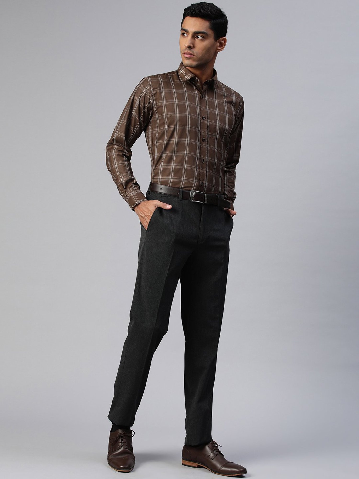 ManQ Dark Brown Regular Fit Check Shirt