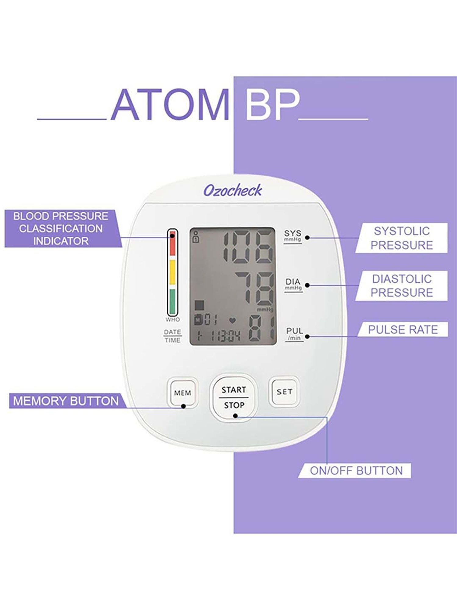 Ozocheck Atom BP Apparatus Digital Automatic Blood Pressure Monitor (White)