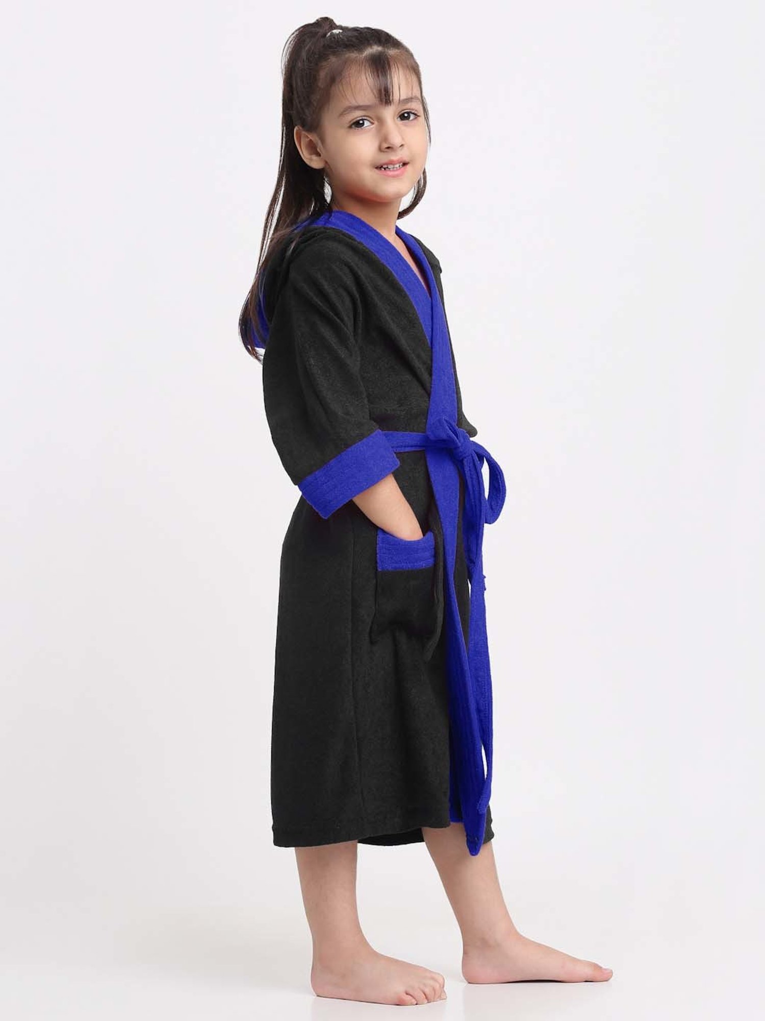 Creeva Melodious Black & Turkish Micro Terry 225 GSM Kids Hooded Bathrobe 4-5 Years With Pocket